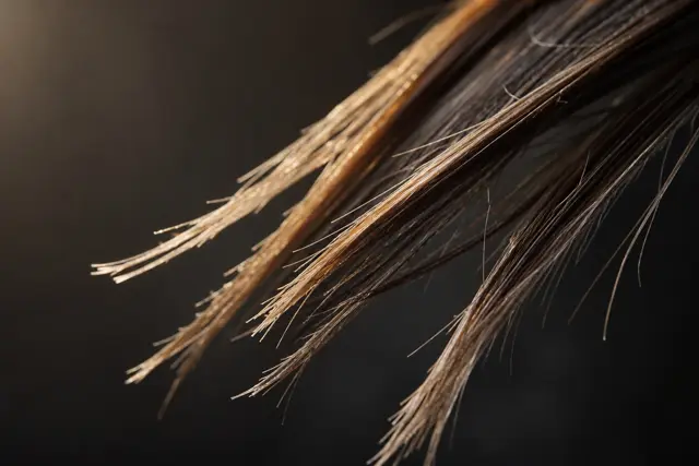 Fios de cabelo quebradiços com pontas partidas sob luz lateral dramática