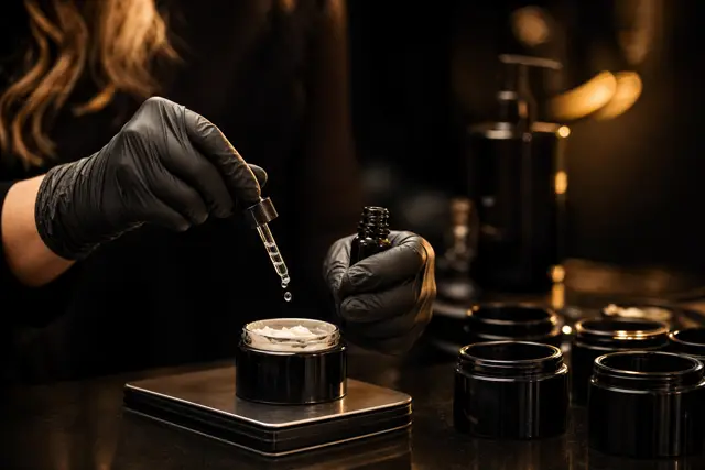 Béquer de vidro com creme branco recebendo uma gota sob luz dourada