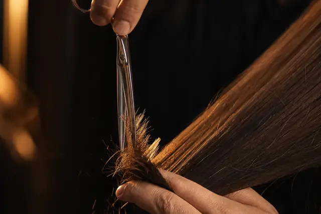 Cabelo escuro longo sendo cortado em camadas com tesoura profissional