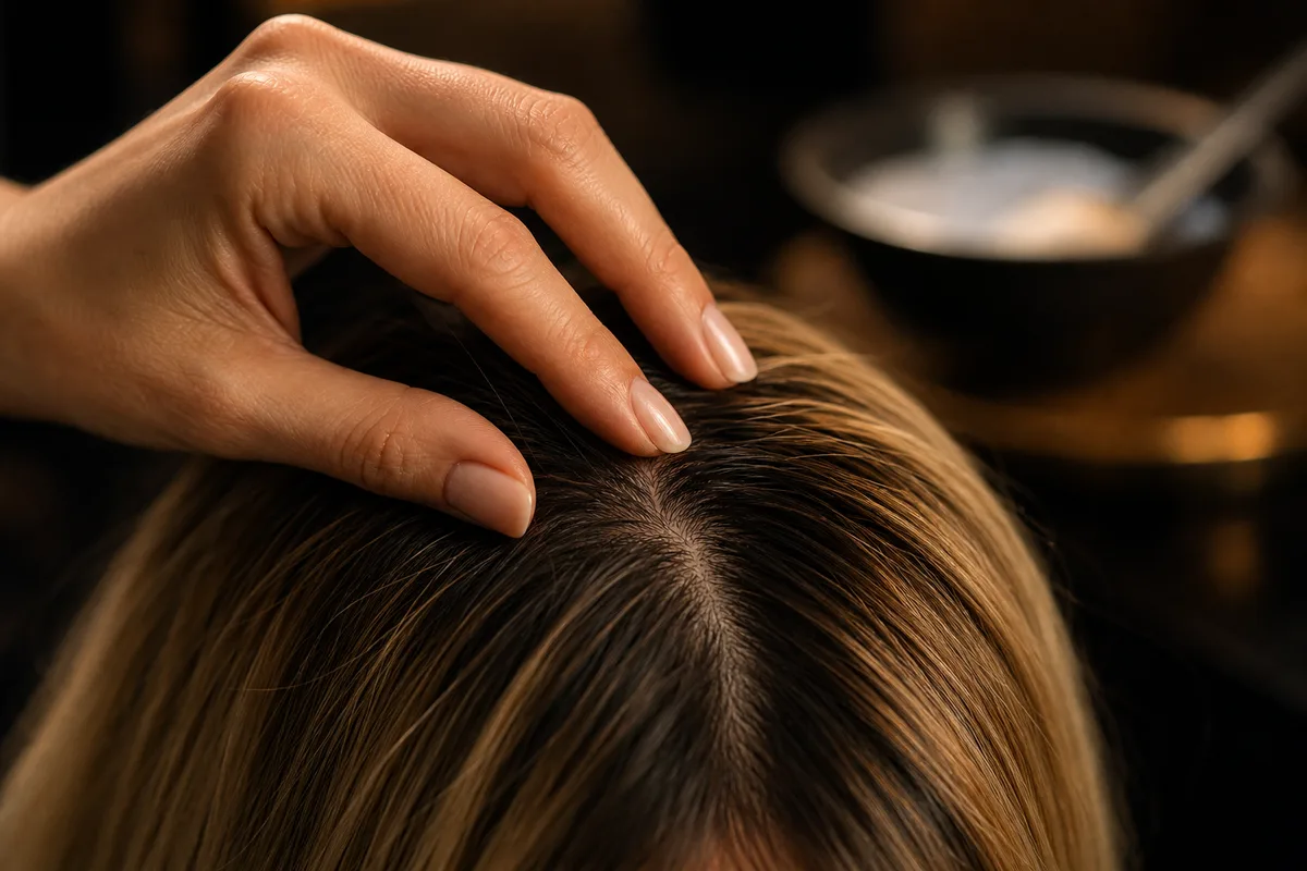 Pincel aplicando creme clareador branco em mecha de cabelo escuro sobre papel alumínio