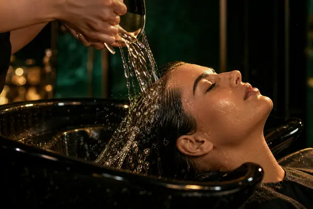 Água corrente sobre cabelo escuro na cuba do salão sob luz dourada
