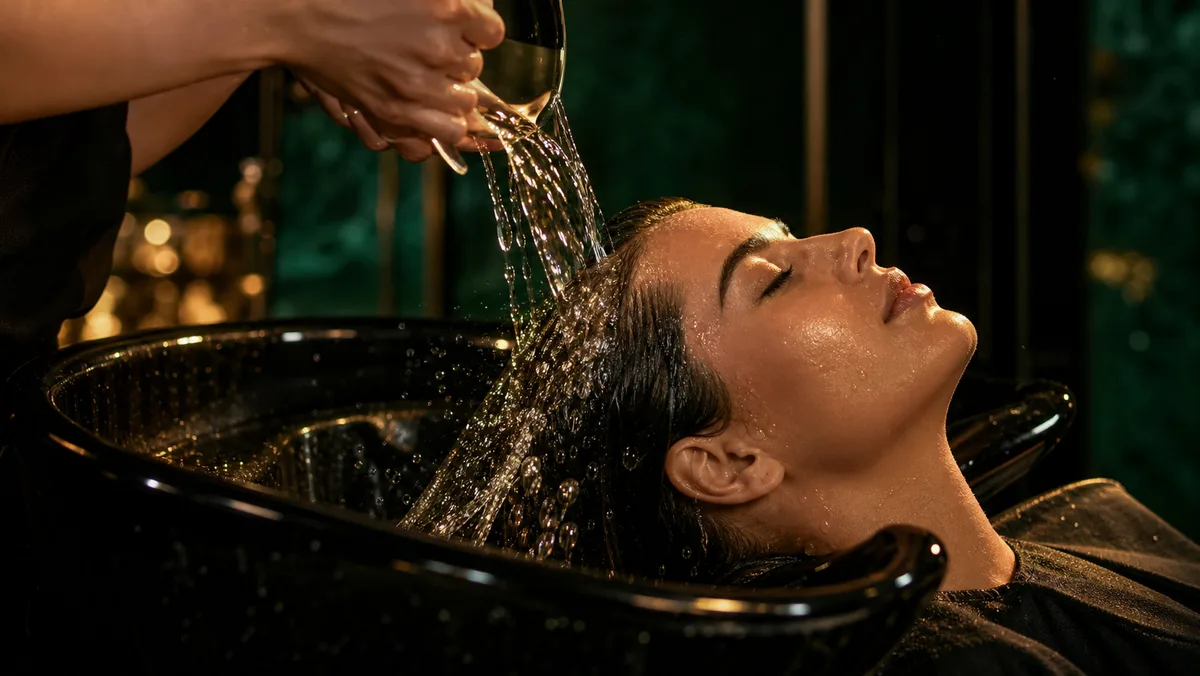 Água corrente sobre cabelo escuro na cuba do salão sob luz dourada