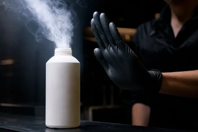 Frasco cosmético profissional ao lado de lupa sobre superfície escura