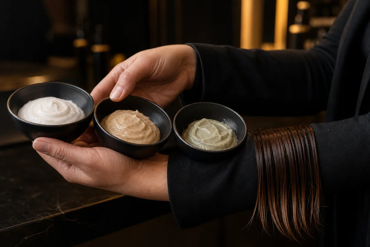 Três texturas de creme lado a lado em bowls escuros sob luz dourada