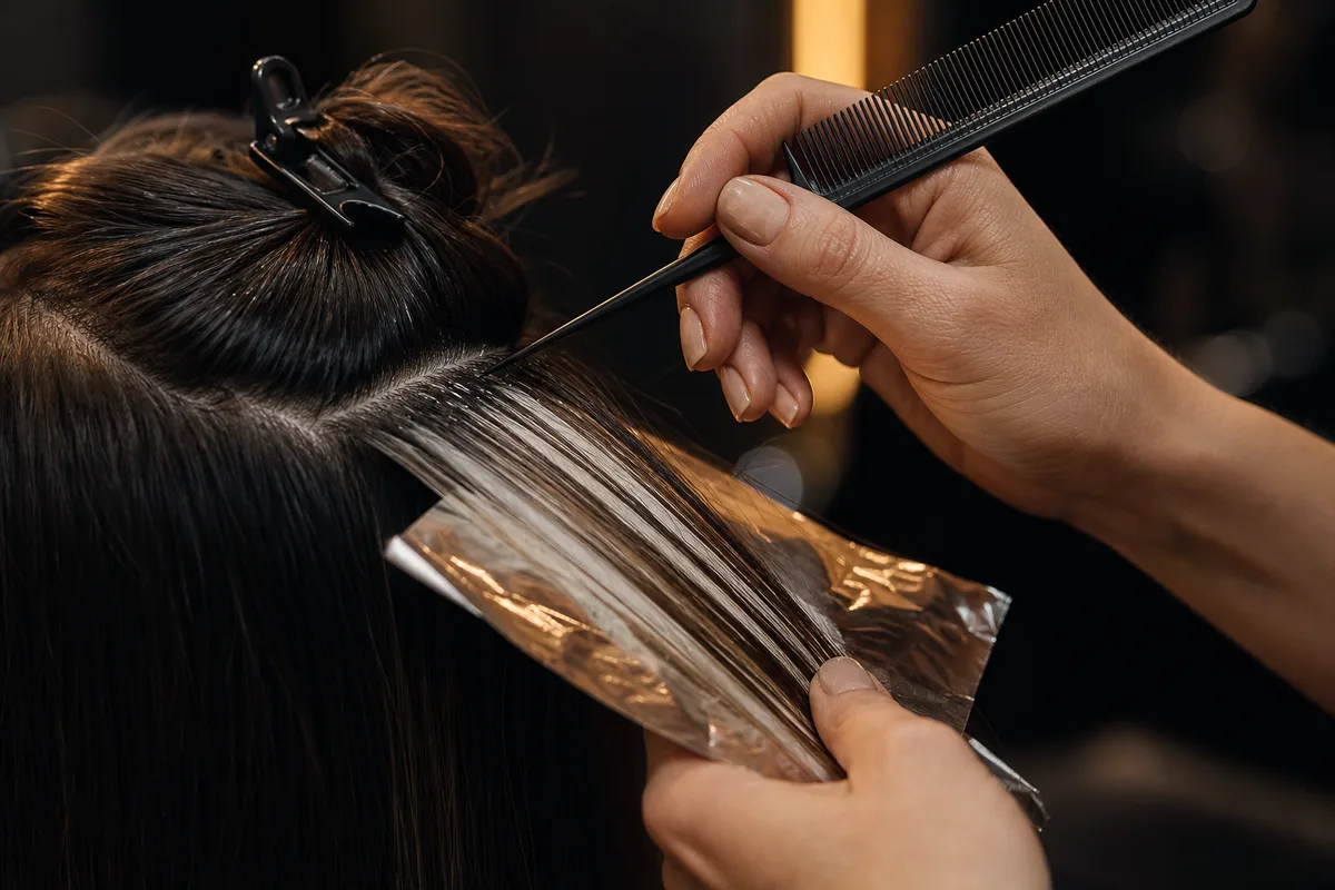 Cabelo castanho longo com mechas caramelo emoldurando o rosto sob luz dourada