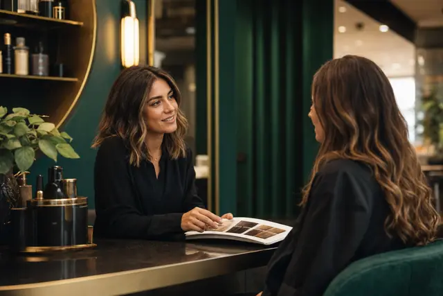 Cabeleireira e cliente conversando na bancada do salão sob luz dourada