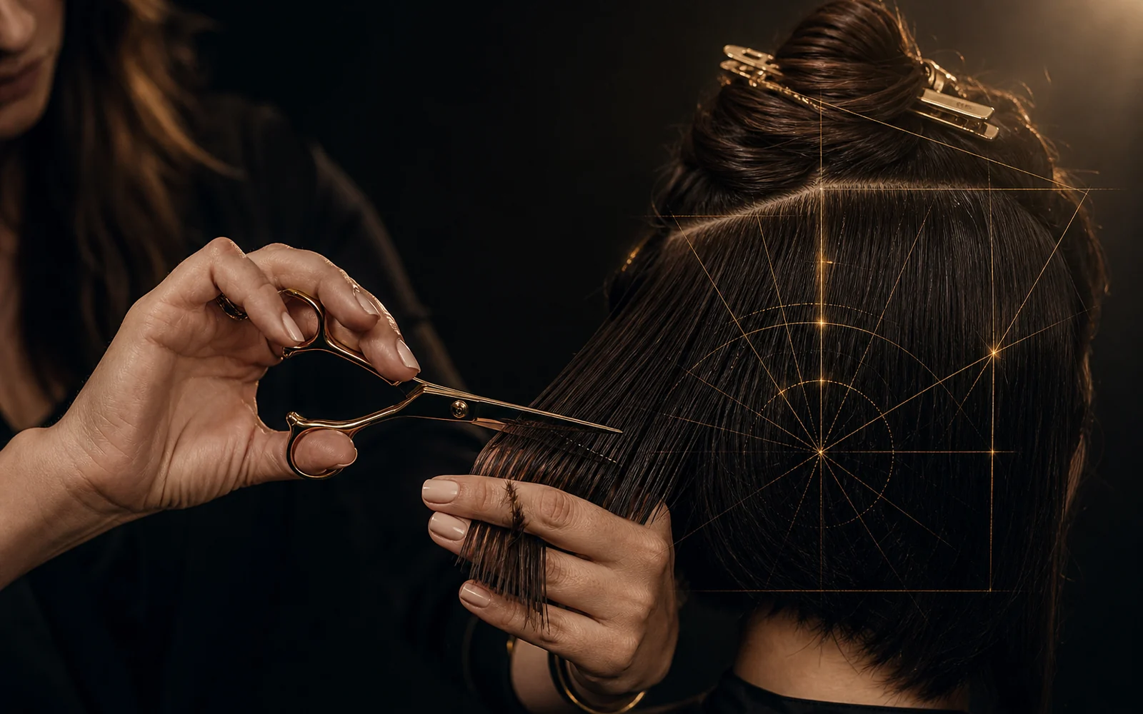 Mãos de cabeleireira cortando uma mecha com tesoura, com o croqui técnico e a estrela de direcionamento desenhados em luz sobre o cabelo.