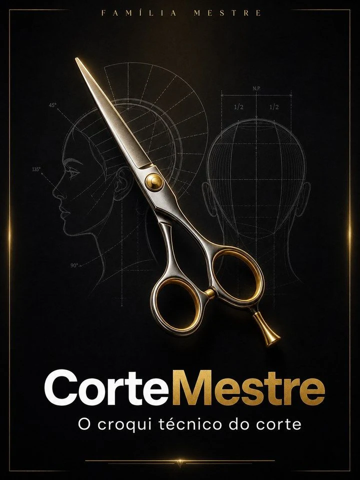CorteMestre, o croqui técnico do corte: tesoura sobre diagramas de cabeça com ângulos de 45, 90 e 135 graus.